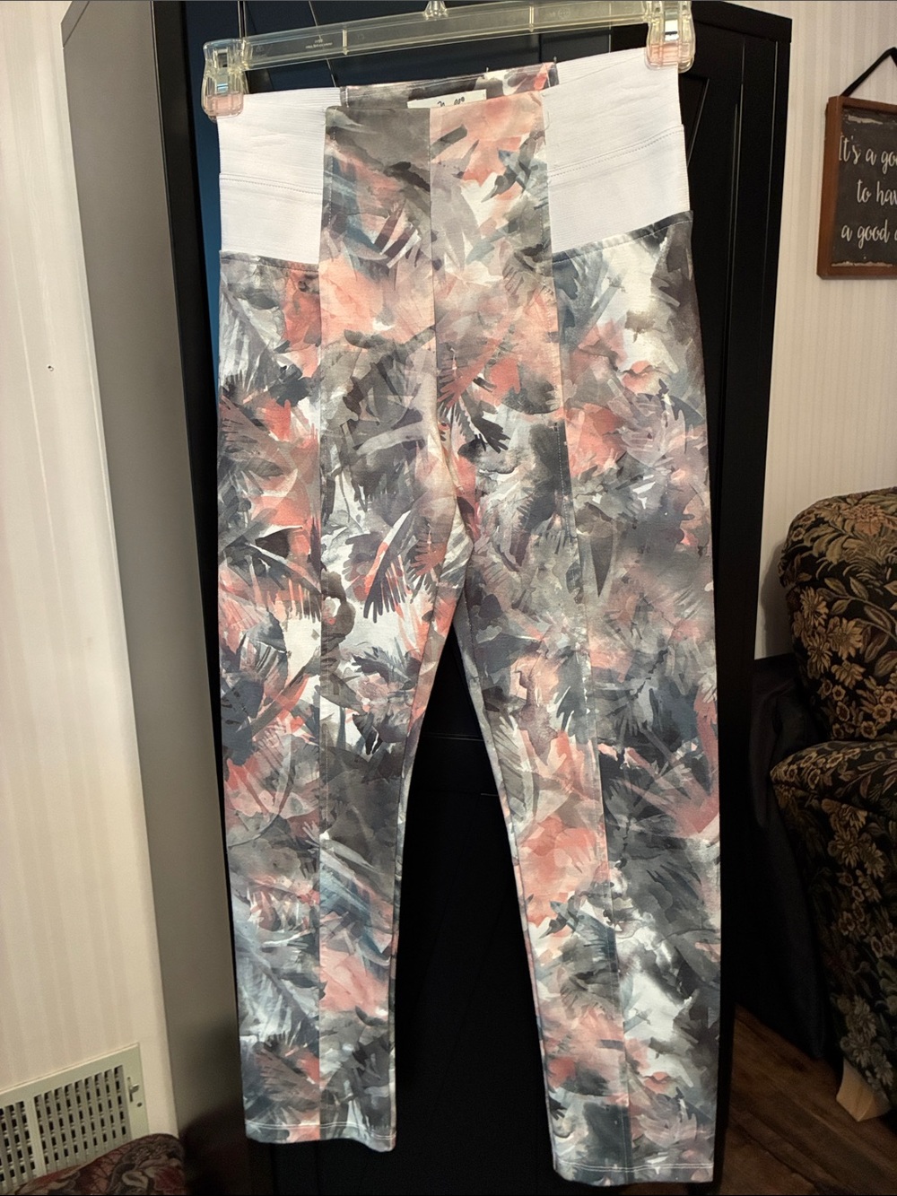 Simply Noelle Pink and Gray Printed women’s Leggings with White Waistband